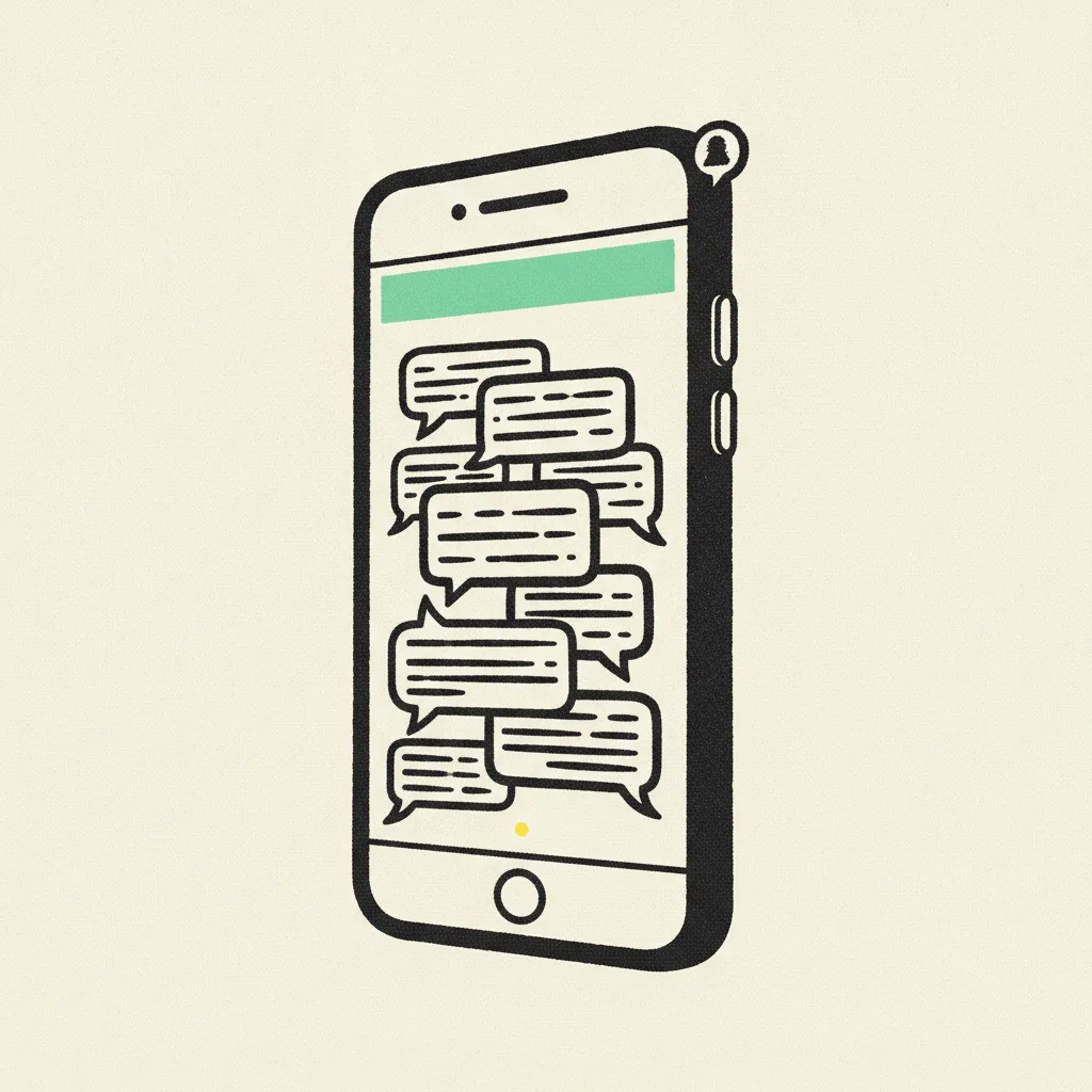 Single vertical smartphone silhouette in thick black ink on cream paper, chat bubbles stacked on screen with mint highlight bar and yellow accent dot.