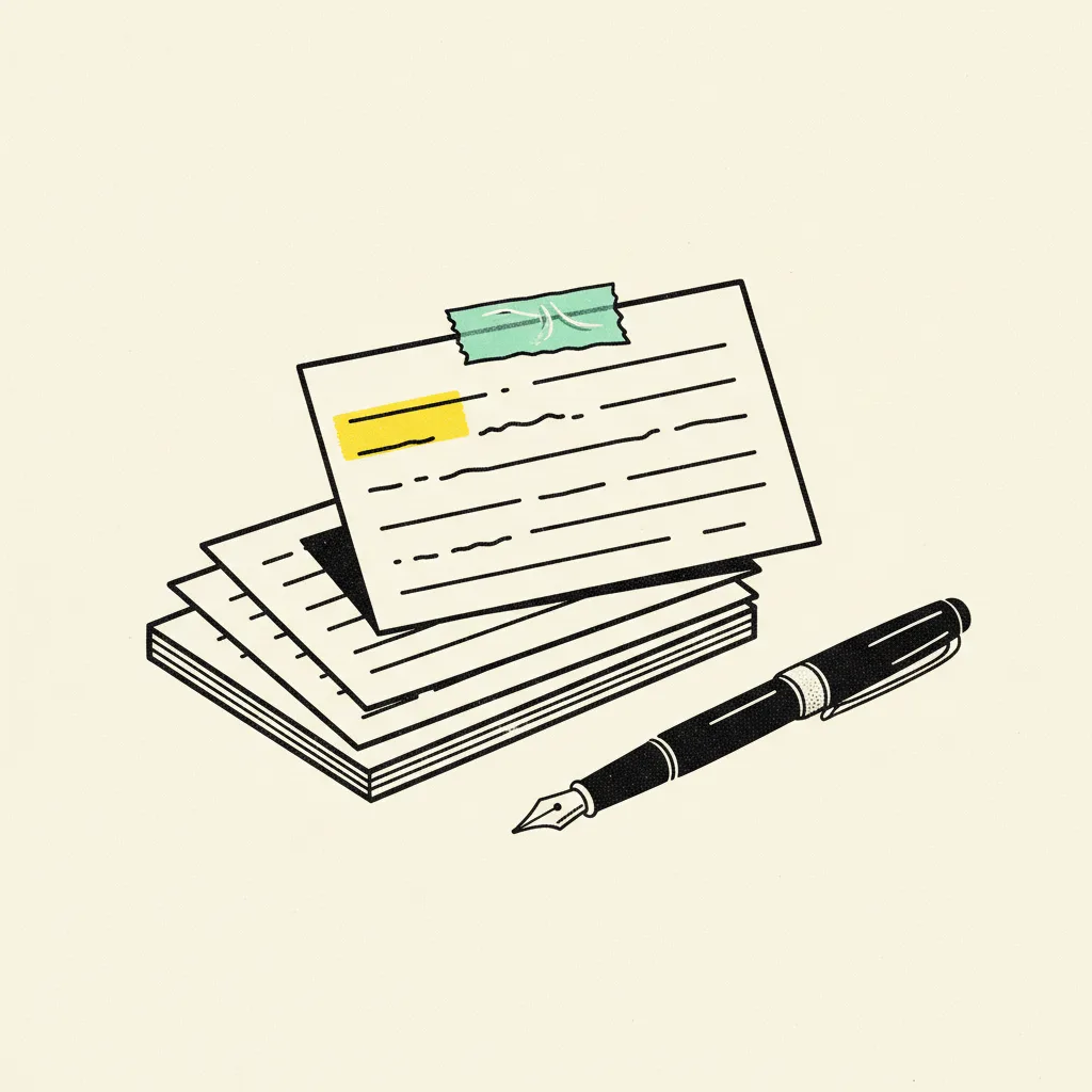 Fanned stack of index cards with abstract ink dash marks, top card held by mint tape and marked with a yellow highlight rectangle.