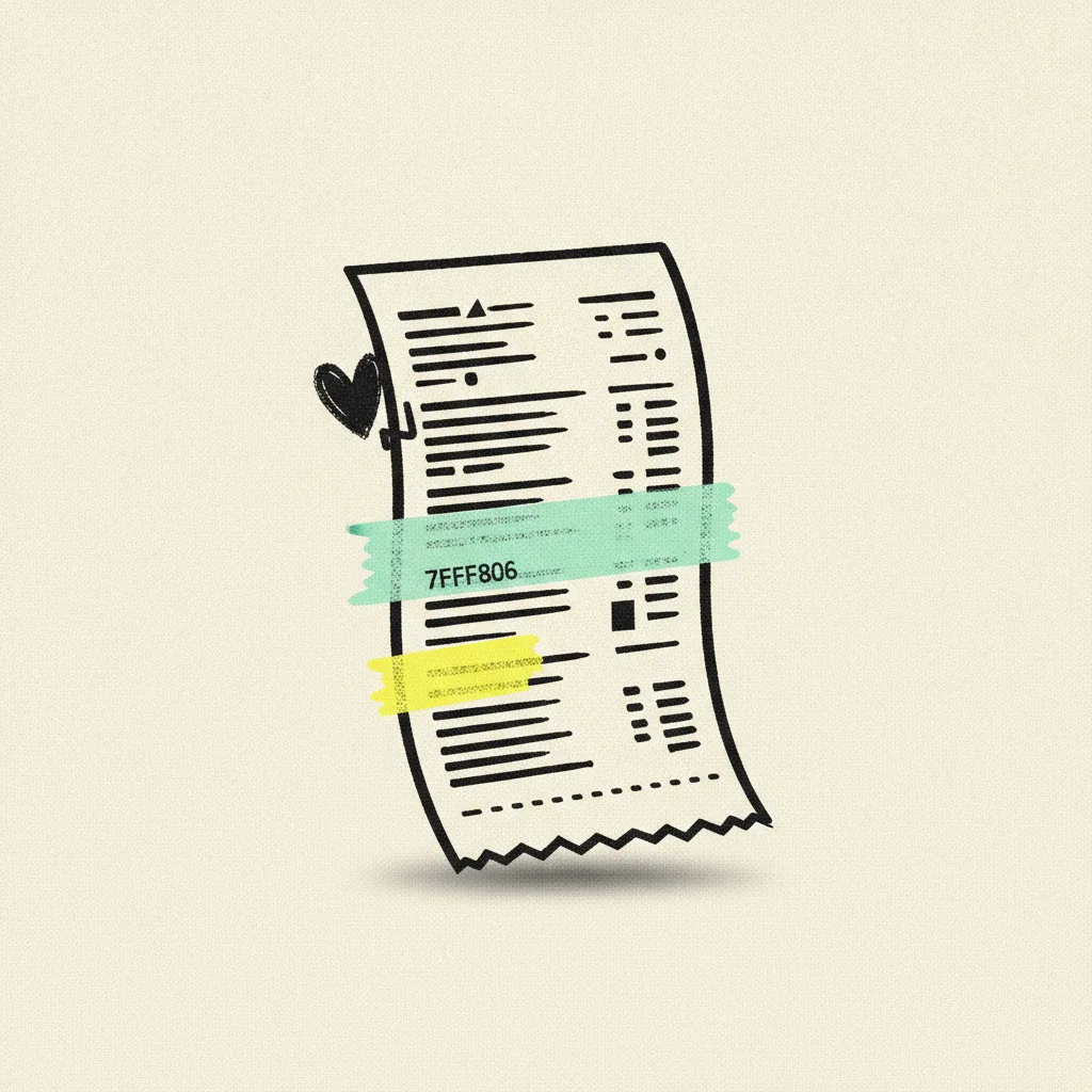 Paper analytics receipt with rows of abstract dash marks, mint tape strip across one row, yellow highlighter blob across another row, a small ink heart icon clipped to the edge.