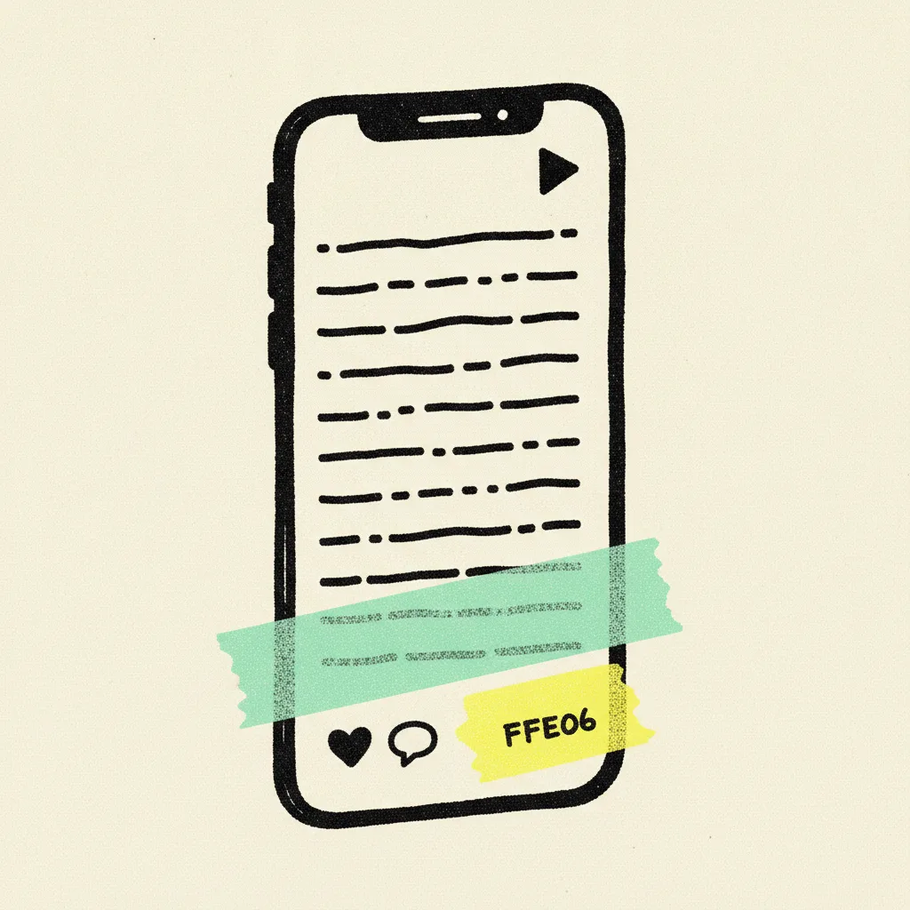 Paper smartphone post mock-up with abstract dash marks, a small ink play-triangle in the corner, mint tape strip across the engagement counter row, yellow highlighter blob on a small heart and comment icon group.