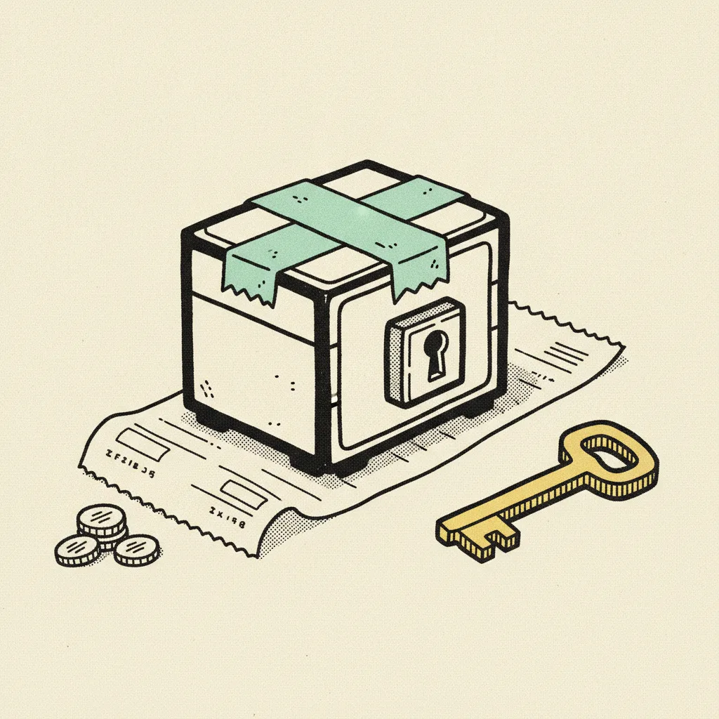 Small locked cream strongbox sitting on a paper receipt with a mint tape seal and a yellow key drawn beside it.