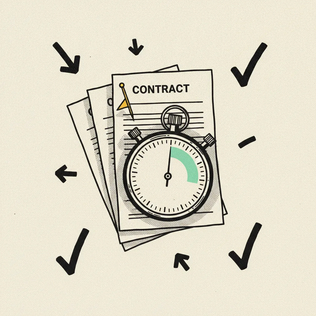 Stopwatch overlaid on a stack of paper contracts with a mint arc sweep and a yellow flag pin.