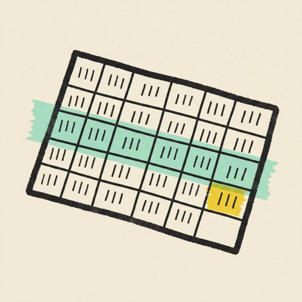 Paper calendar grid with a mint tape strip across three weeks and a yellow highlighted square on one date.