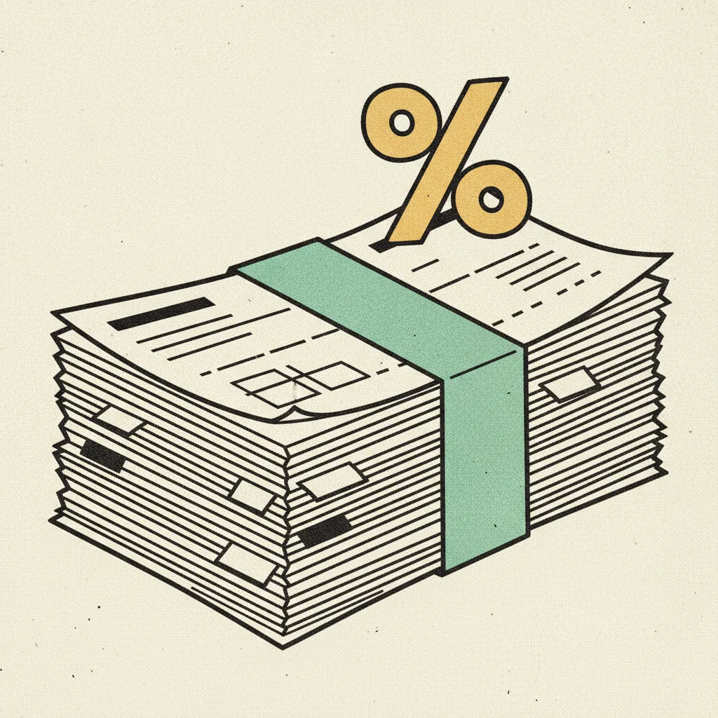 Stack of paper invoice slips pinned with a mint tape strip and a yellow percent-sign shape floating above.