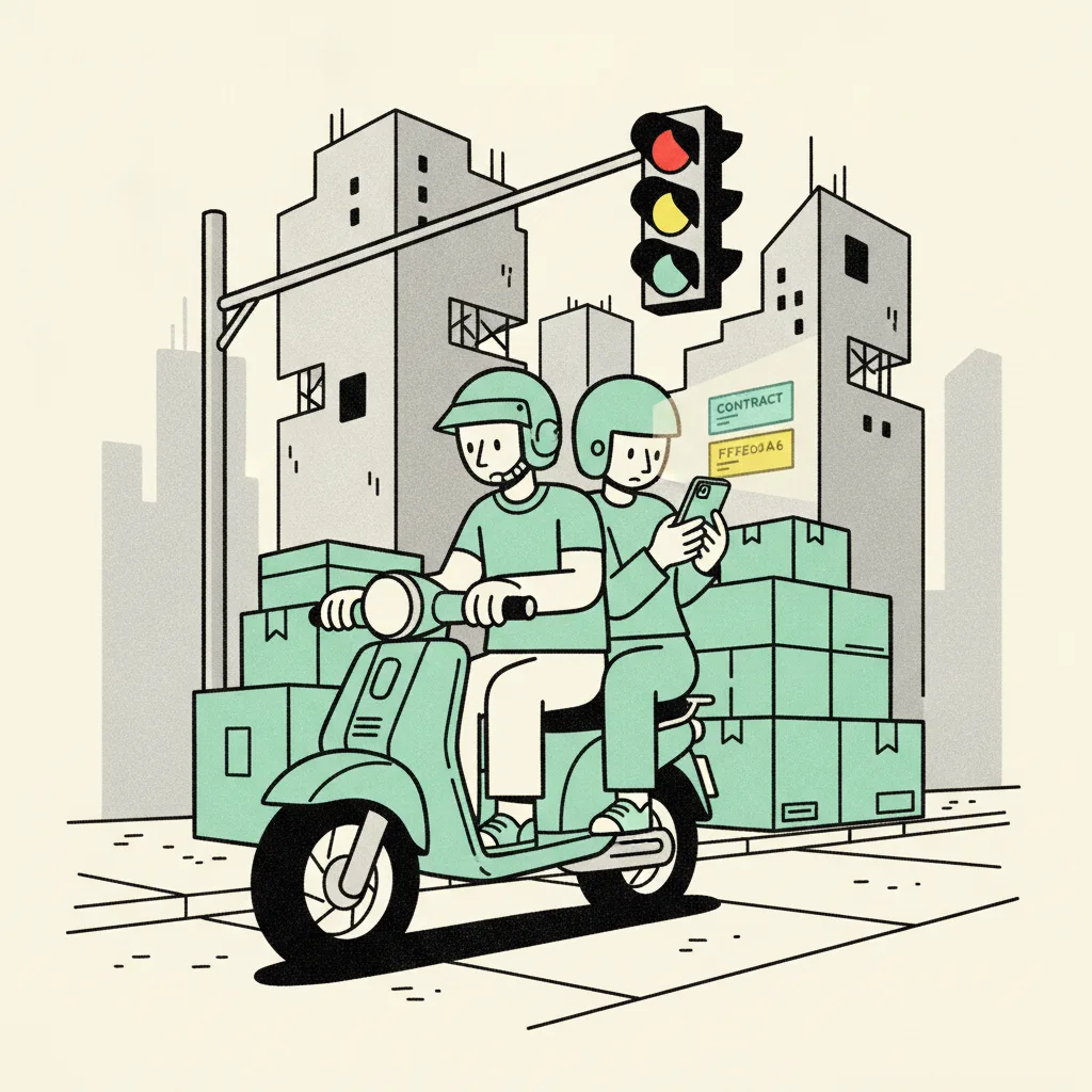 Two Bangkok creators on a motorbike at a red light comparing two contract screens on a phone.