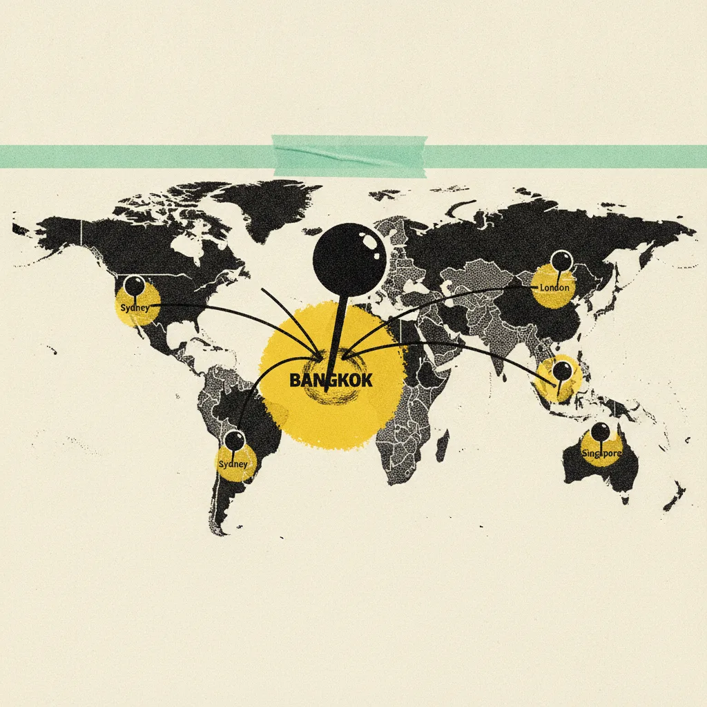 Paper world map with a bold pin on Bangkok and ink lines arcing out to smaller pins over other cities.