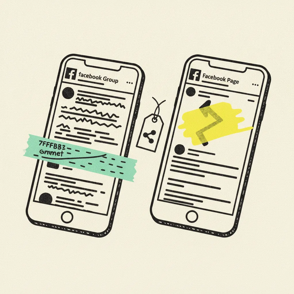 Two paper phone screens, the left a Facebook Group thread wrapped in mint tape, the right a Facebook Page feed with a yellow highlight on the share arrow, a paper price tag paperclipped between them.
