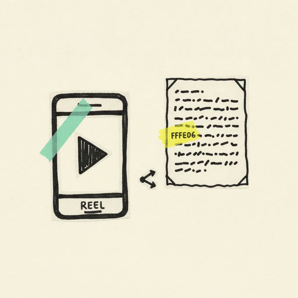 A paper Facebook Reel frame beside a paper long-caption text post, mint tape across the reel play triangle, yellow highlight across one paragraph line, a black ink share arrow linking them.