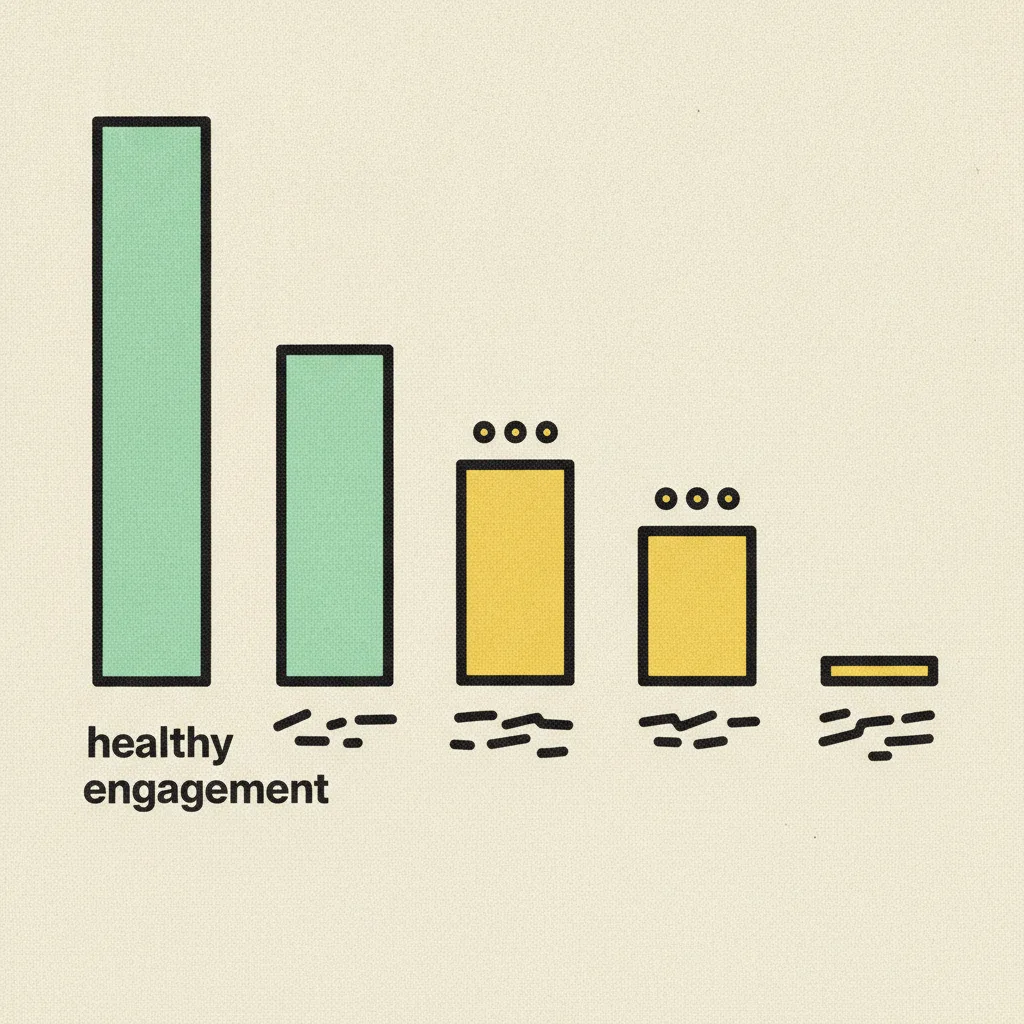 Bar chart contrasting three healthy engagement bars against two flat suspicious bars with yellow warning dots.