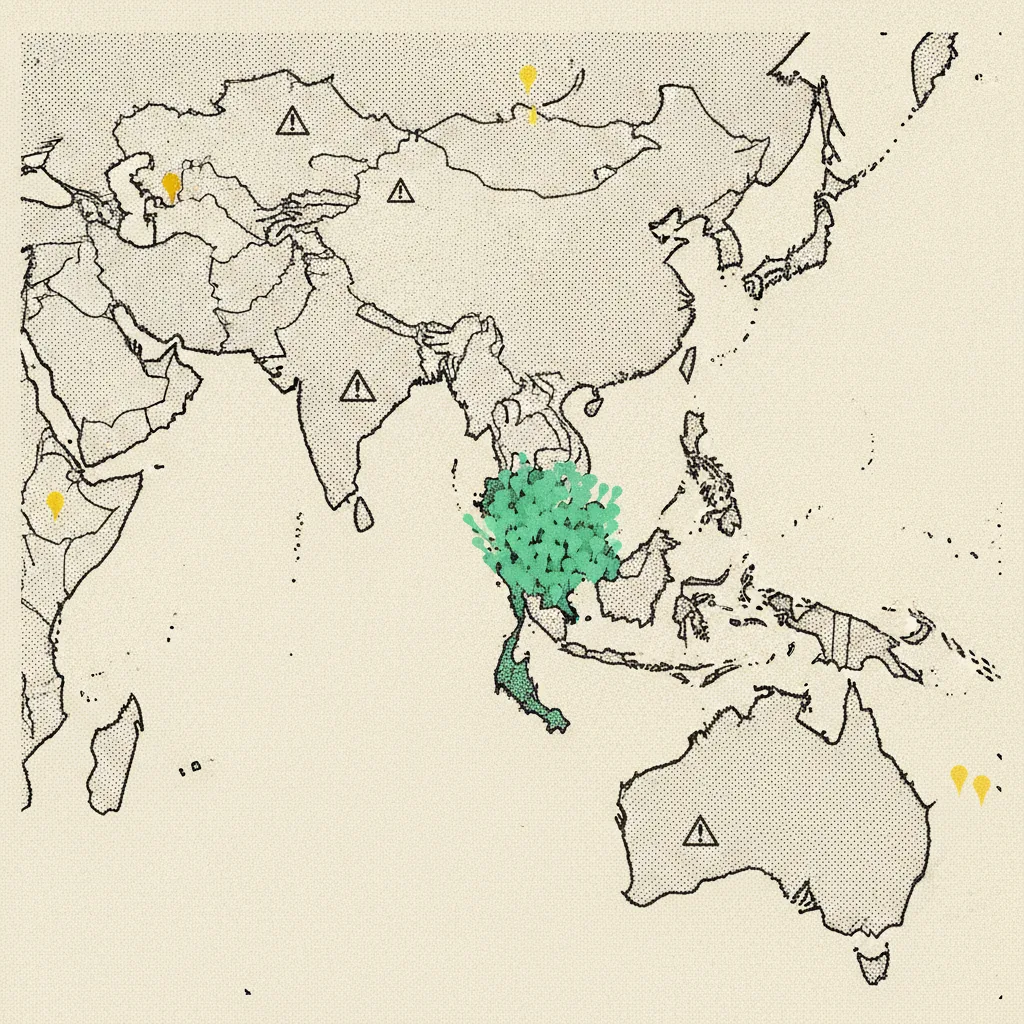 Map fragment with mint pin cluster over Bangkok and scattered yellow warning pins across unrelated regions.