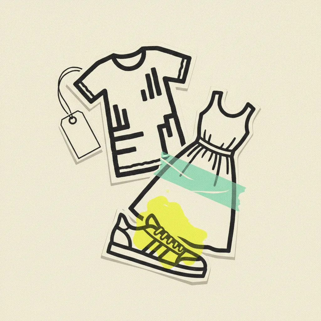 Brutalist editorial illustration of three paper outfit flat-lay tiles stacked diagonally on cream paper with thick black ink outlines of a t-shirt, dress, and sneaker, mint tape strip across the dress, yellow highlighter blob across the sneaker, small paper price tag