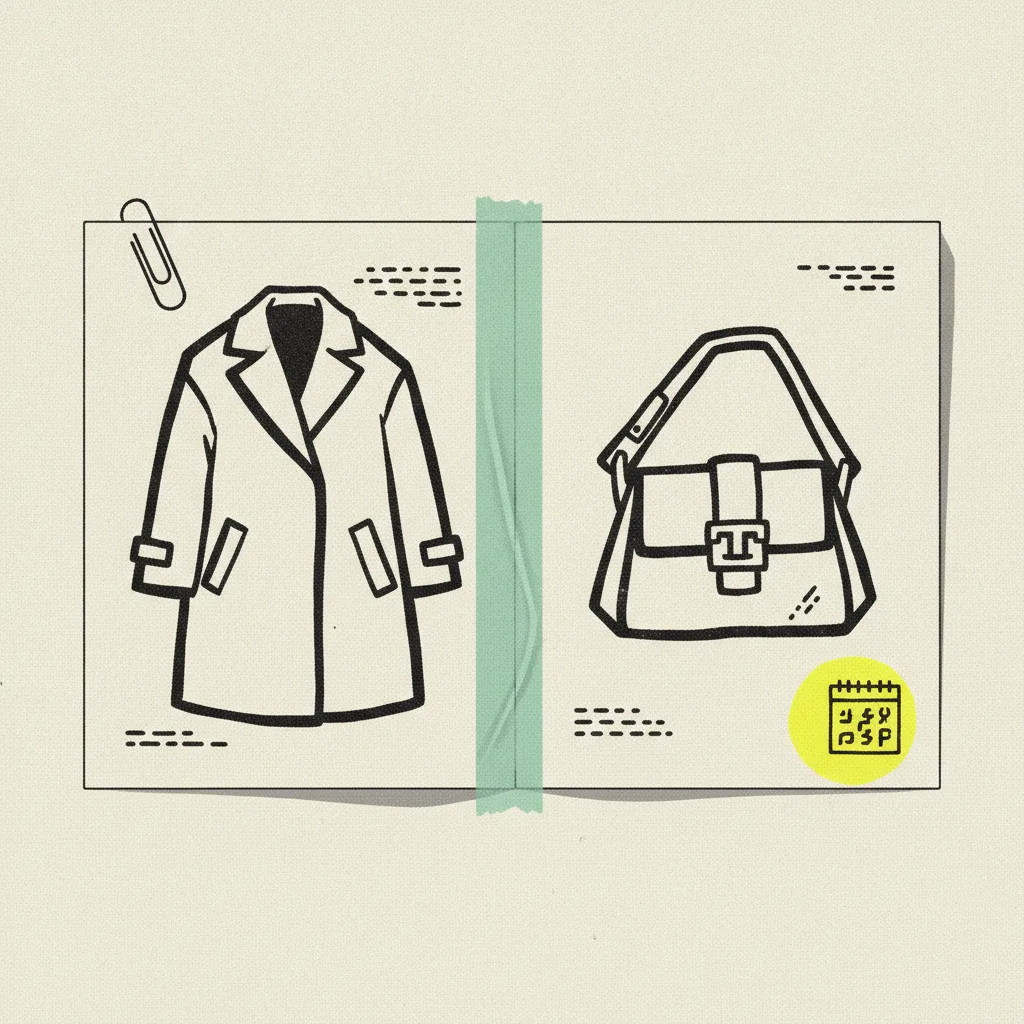 Brutalist editorial illustration of a paper seasonal lookbook spread open flat with ink drawings of a coat and handbag on cream paper, mint tape strip across the spine, yellow highlighter blob on a calendar-shaped page corner stamp, ink paperclip on the top edge