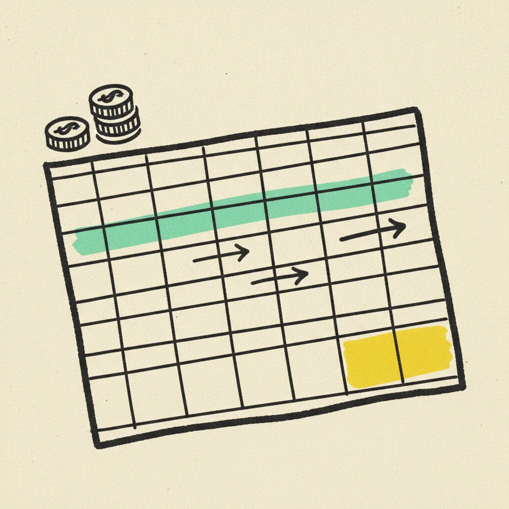 Simple ink ledger sheet with three coin drawings, one mint row highlight, and a yellow total box.
