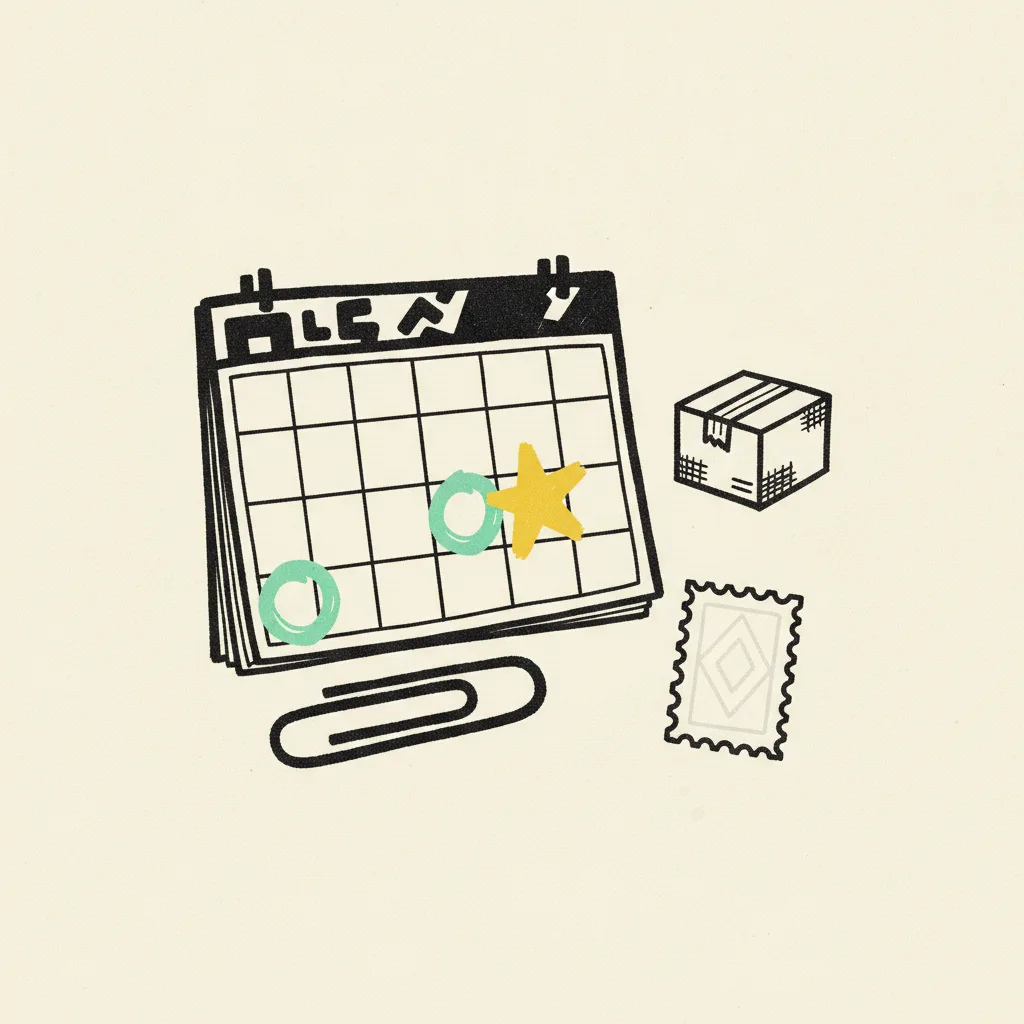 Wall calendar page with three mint-circled days and one yellow star, ink drawing of a package box beside it.