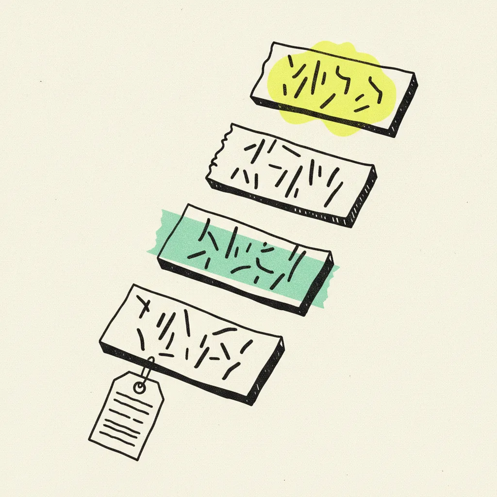 Paper follower-tier ladder chart with mint tape on the middle rung and a yellow blob on the top rung, alongside a small paper price tag clipped to the bottom rung