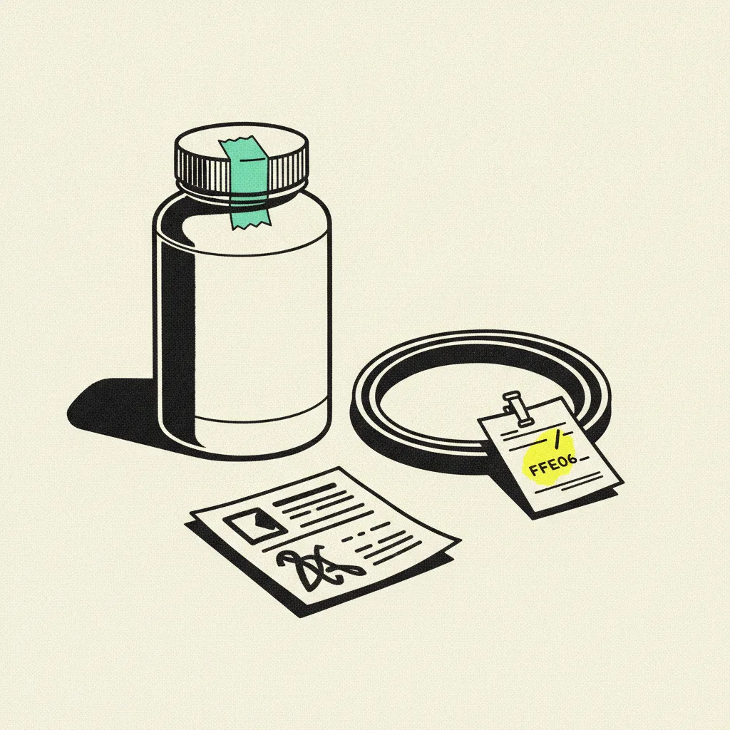 Paper supplement bottle wrapped in mint tape beside a paper resistance band coil, a yellow blob on a compliance stamp card, a folded claim-warning slip in the foreground