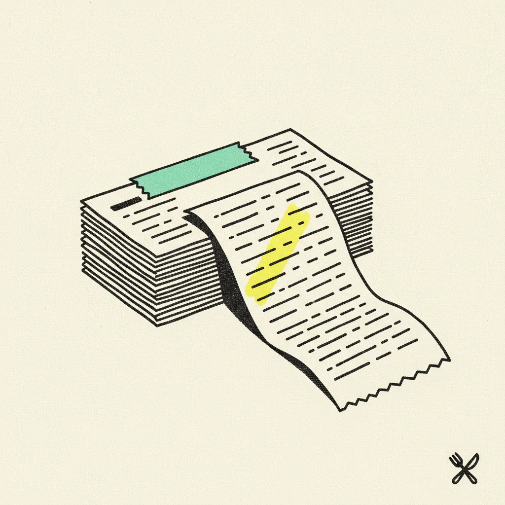 Brutalist editorial illustration of a stack of paper restaurant POS chits fanning out, mint tape strip across the top chit and a yellow highlighter blob across one line item, with a small ink fork crossed over a knife in the corner.