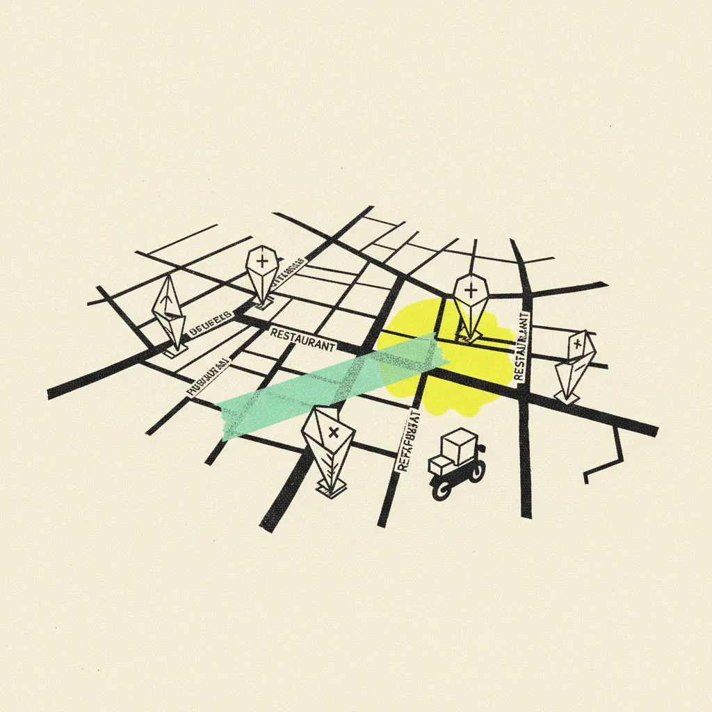 Brutalist editorial illustration of a paper map of a Bangkok neighbourhood with small paper restaurant marker pins, mint tape strip across one street and a yellow highlighter blob behind one pin, with a small ink motorbike and delivery box parked at one corner.
