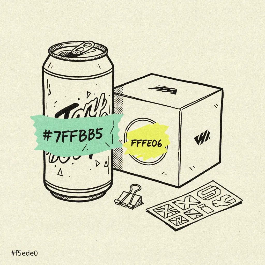 Brutalist editorial illustration of a paper energy drink can next to a gaming peripheral box, mint tape across the can label, yellow blob on the price tag, ink paperclip on a brand sticker sheet