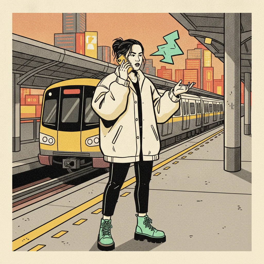A Bangkok creator on a BTS Skytrain platform at dusk, phone to her ear, firmly chasing a brand's finance contact.