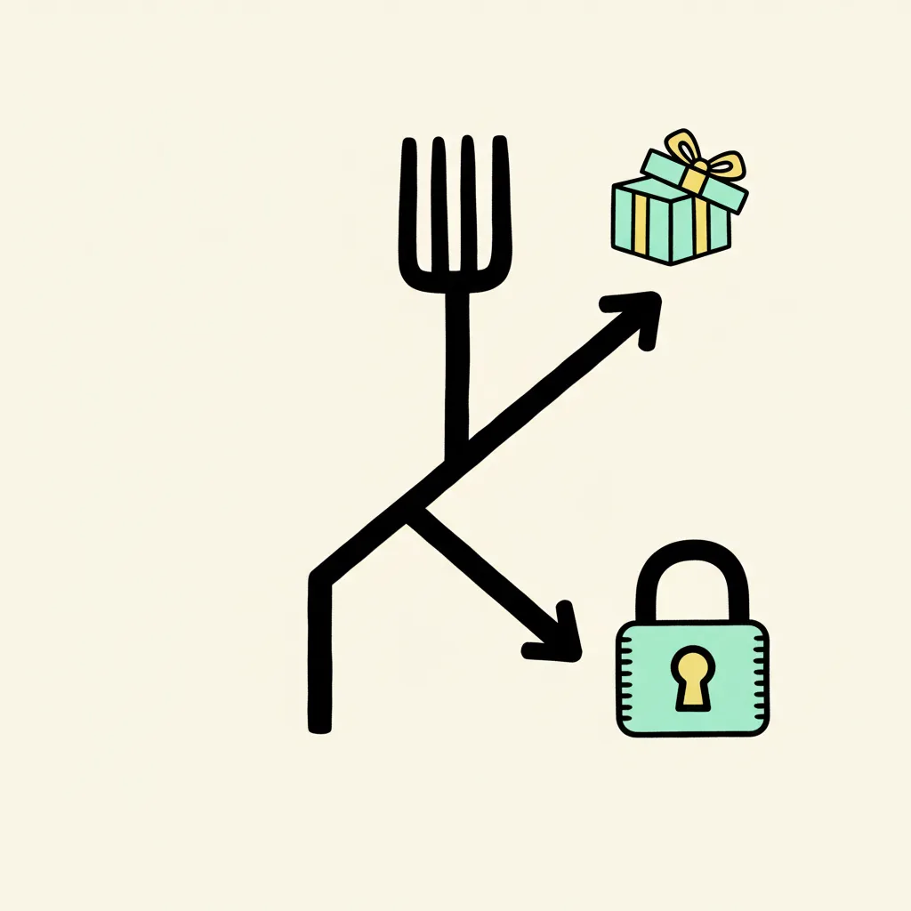 Brutalist branching path diagram, one arrow leading to an open gift box, the other to a locked padlock, representing the giveaway versus lucky draw decision