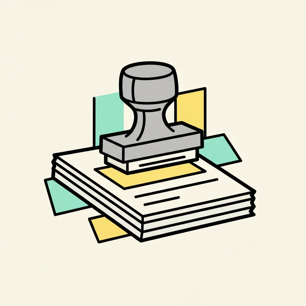 A brutalist rubber stamp pressing down onto a document with a glowing yellow highlight at the point of impact