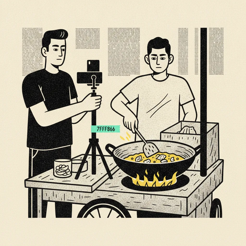 A Bangkok creator filming a street food reel at a Sukhumvit stall, phone on a tripod clamp, brutalist illustration on cream background