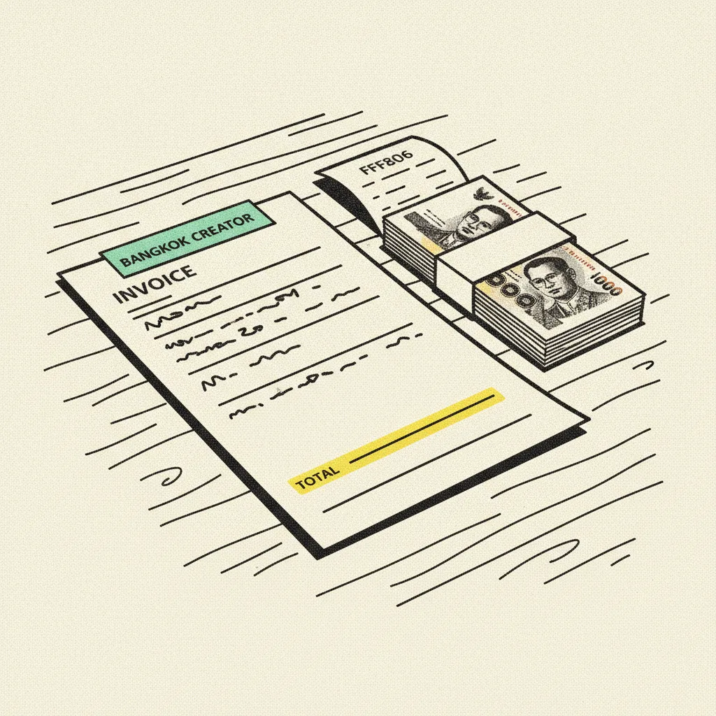 A stylised Bangkok creator invoice on a wooden desk with THB banknotes and highlighter marks on the total line, brutalist illustration on cream background