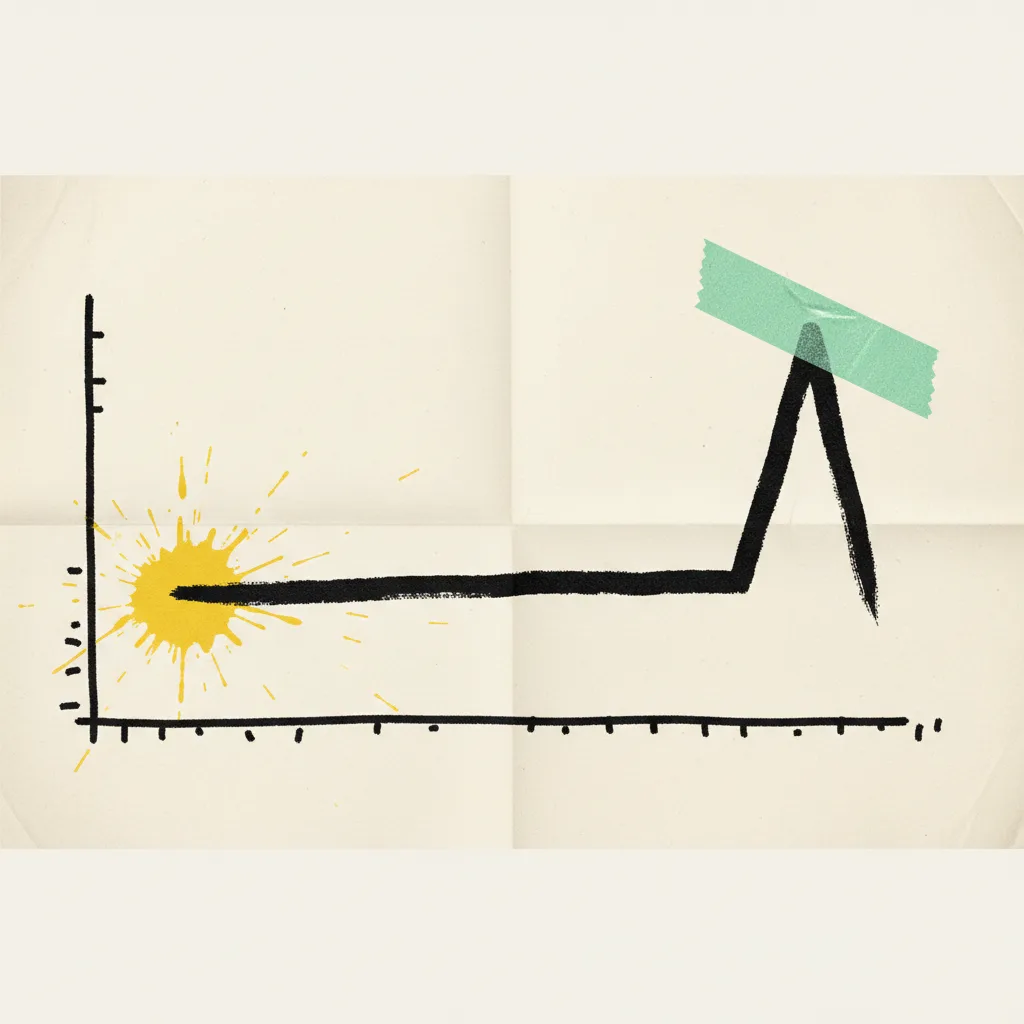 Line chart drawn in thick black ink with one sharp spike and a flat baseline, abstract dash axis marks, mint tape strip pointing to the spike, yellow burst accent on the flat section
