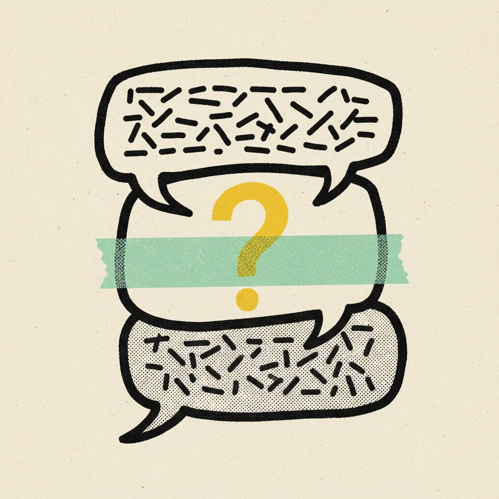 Three stacked speech bubbles in thick black ink on cream paper, two with abstract dash text and one with a yellow question mark, mint tape strip wrapping the middle bubble