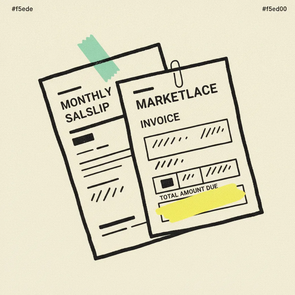 Paper salary payslip stacked next to a paper marketplace invoice, joined by a paperclip, on cream paper with mint tape and yellow highlighter accents.