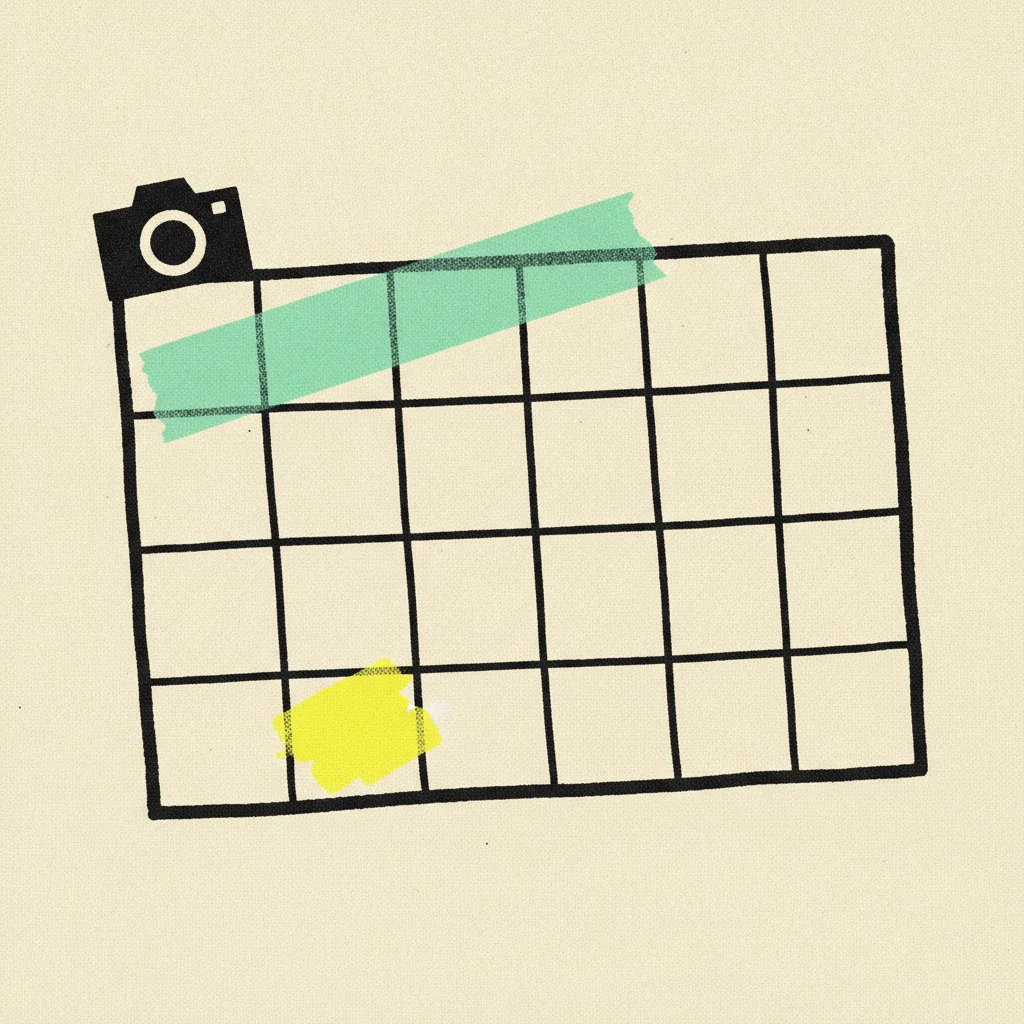 Paper twelve-week content calendar with a mint tape strip across four consecutive cells and a yellow blob on one standout cell, on cream paper.