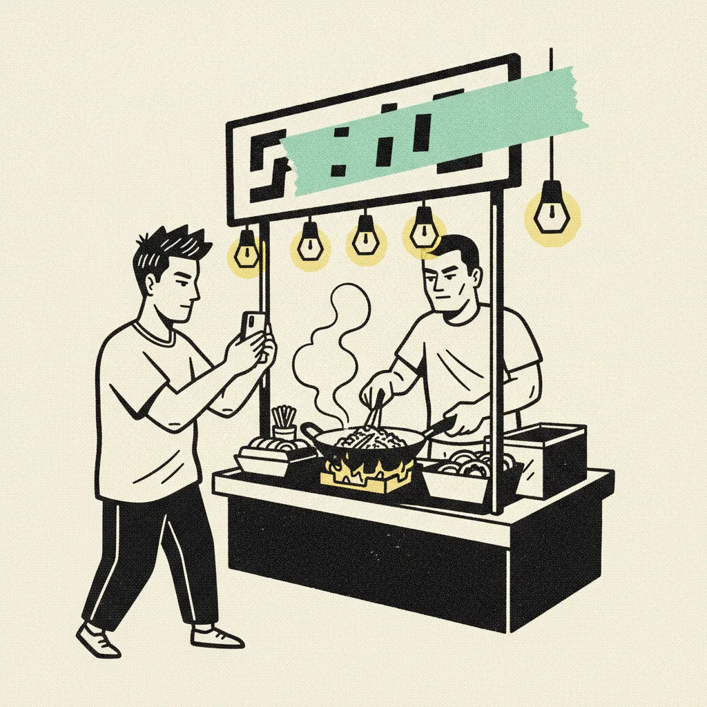 Brutalist editorial illustration of a Thai creator at a Bangkok night market food stall filming a pad kra pao being plated.