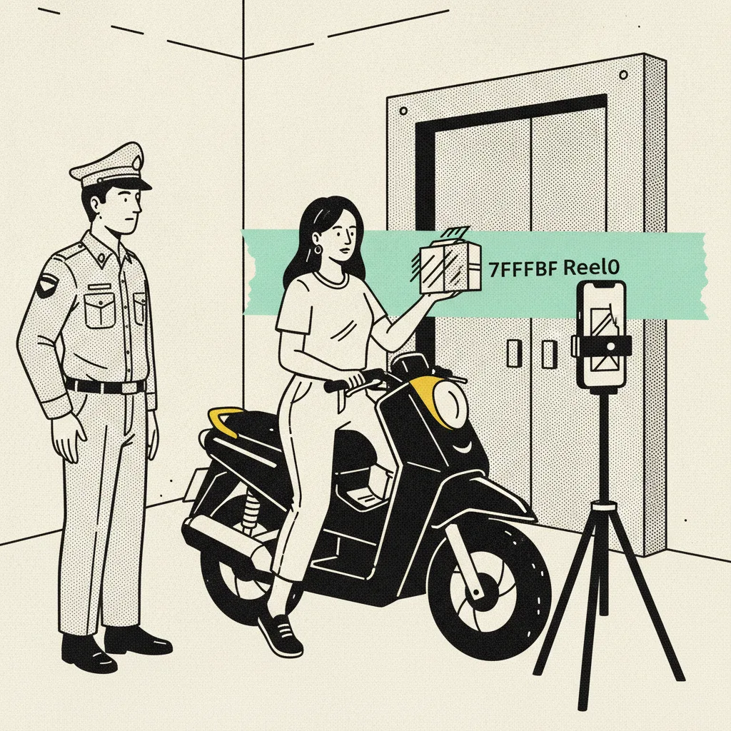 Brutalist editorial illustration of a Thai creator in a Bangkok condo lobby filming a product unboxing with her phone on a tripod.