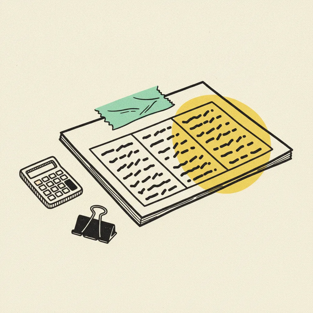 Two columns of THB rate marks on a paper sheet, one wrapped in mint tape, the other highlighted yellow, with a small ink calculator beside them.