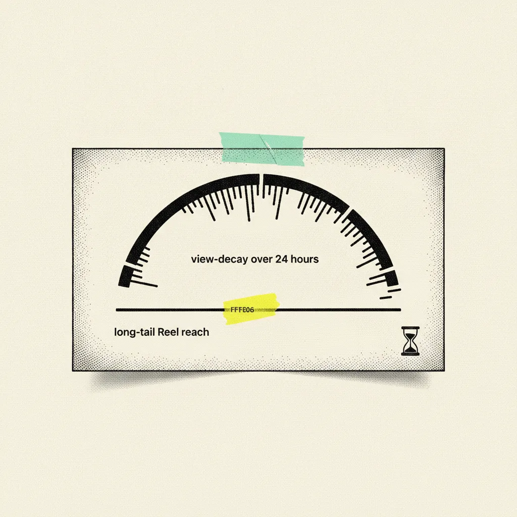 A paper analytics card showing an arc curve labelled for 24-hour Story decay, a flat horizontal line for Reel long-tail reach, mint tape across the arc, yellow blob on the flat line, ink hourglass in the corner.
