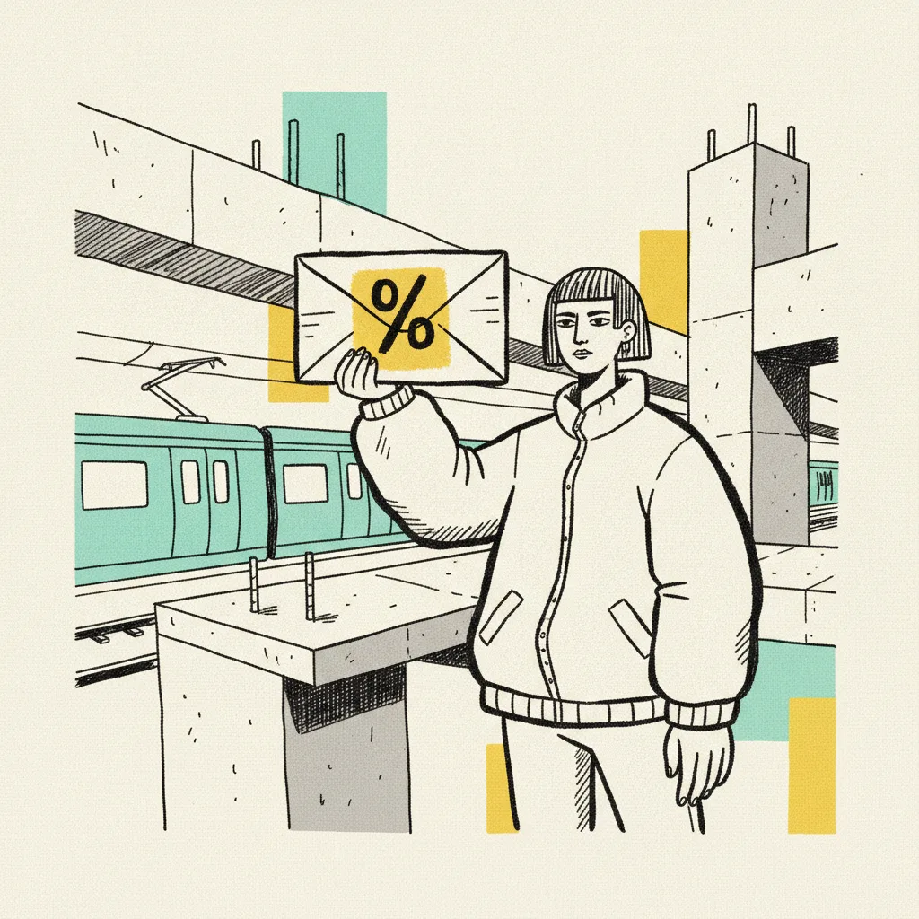 A Bangkok creator on the BTS Asok platform holding a signed invoice envelope with a highlighted percentage mark.
