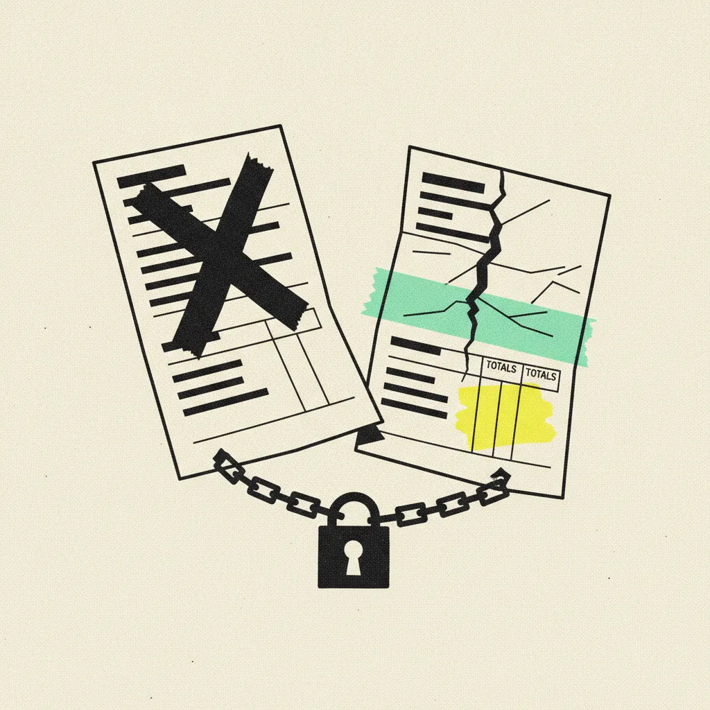 Two paper invoices with a padlock chained between them