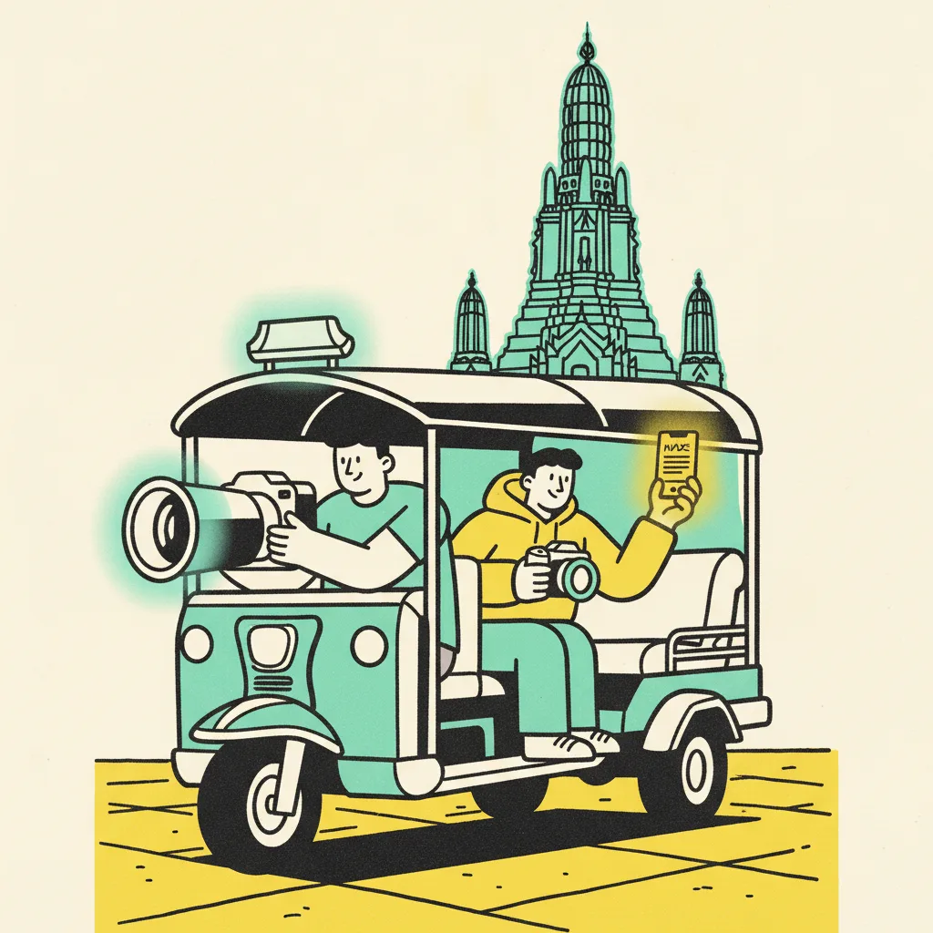 Two Bangkok creators inside a tuk-tuk reviewing an invoice on a phone with Wat Arun in the background