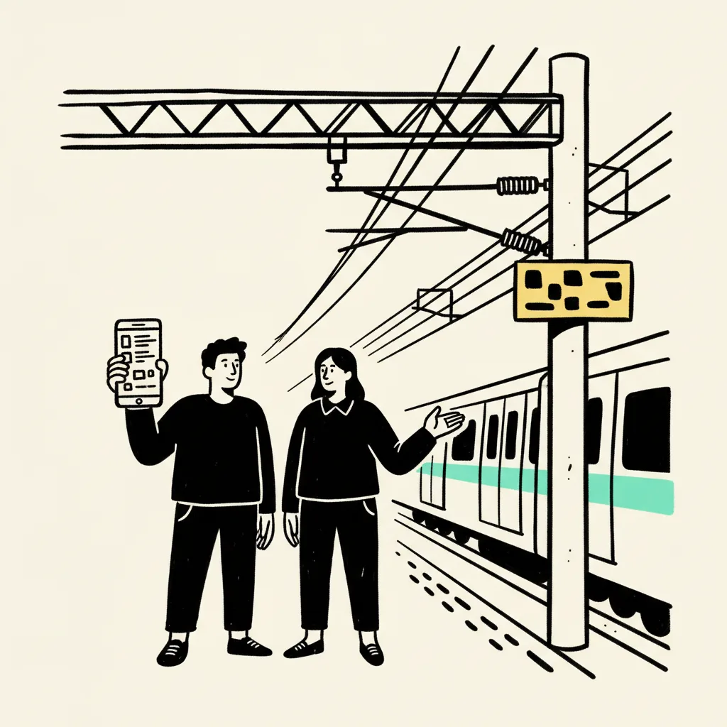 Two Thai creators on a Bangkok BTS Skytrain platform, one checking a messaging app feed
