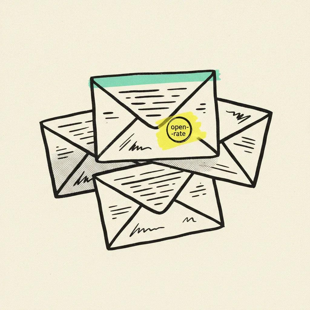 Three paper LINE OA broadcast envelopes stacked with a mint tape strip and a yellow highlighter blob on an open-rate badge.