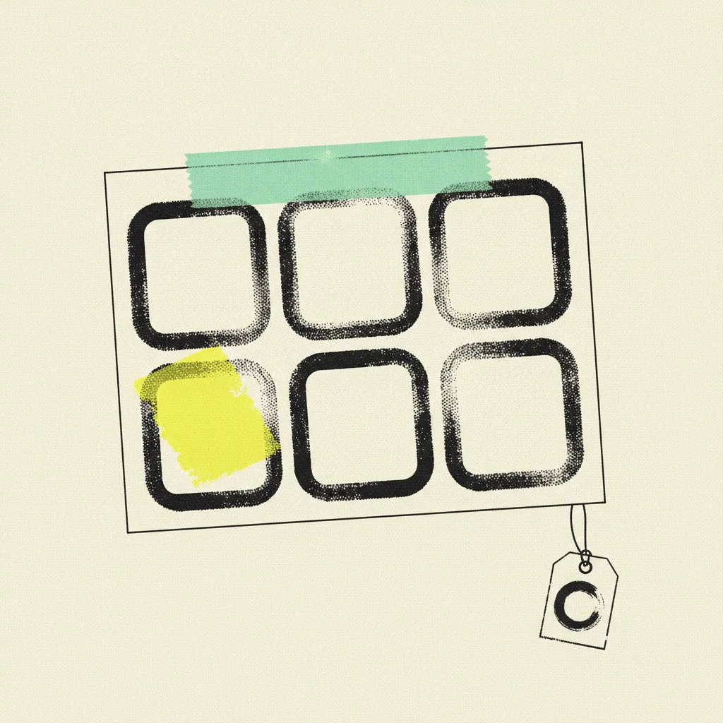 Paper sticker pack sheet with six blank rounded sticker squares, a mint tape strip across the header, a yellow highlighter blob on one square, and an ink price tag dangling off the corner.
