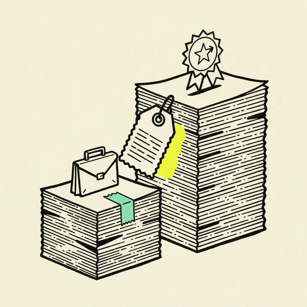 Two paper stacks on cream paper, a smaller left stack marked with a briefcase icon and a larger right stack marked with a follower badge, joined by a paper price tag