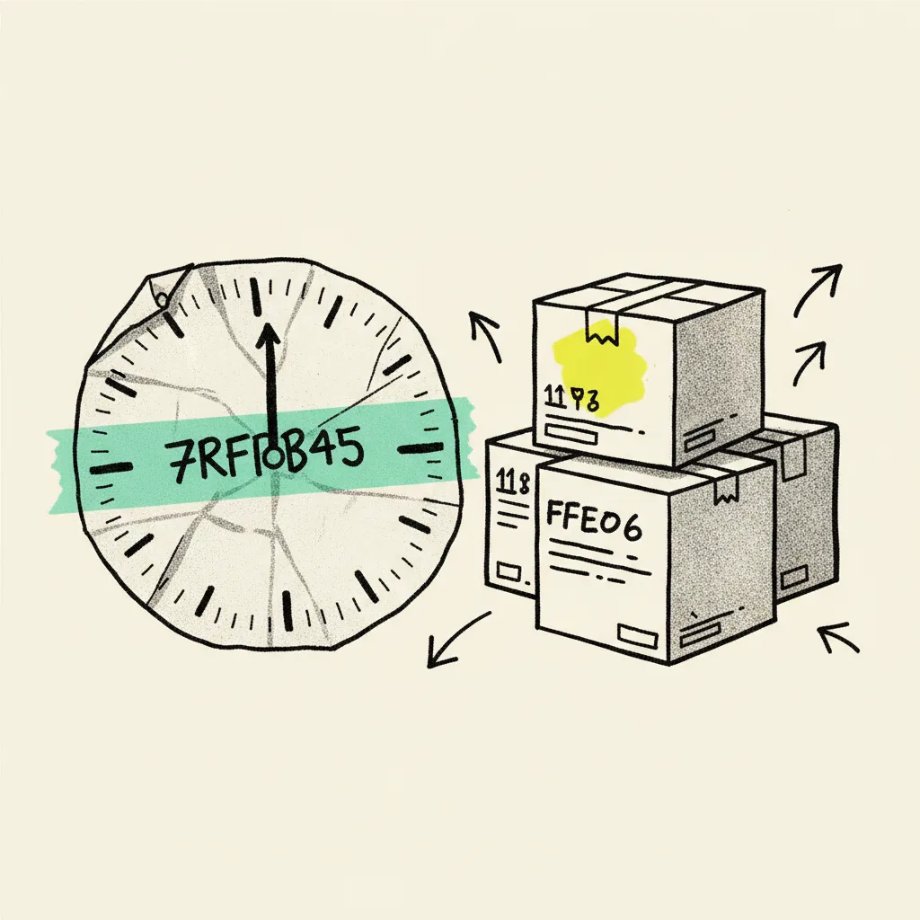 A paper countdown clock beside a stack of product boxes, mint tape strip across the clock, yellow highlighter on one box label