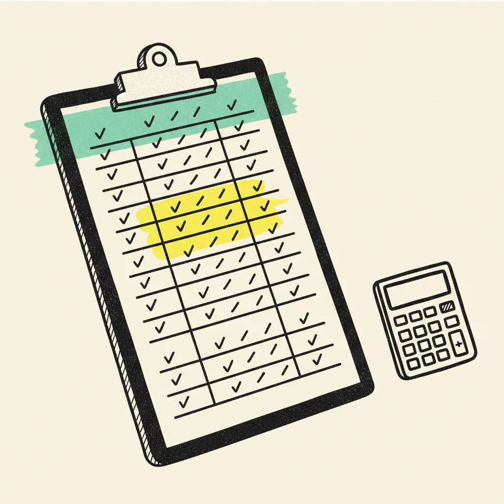 A paper tally sheet on a clipboard with columns of abstract dash marks and a yellow highlighter blob across one row