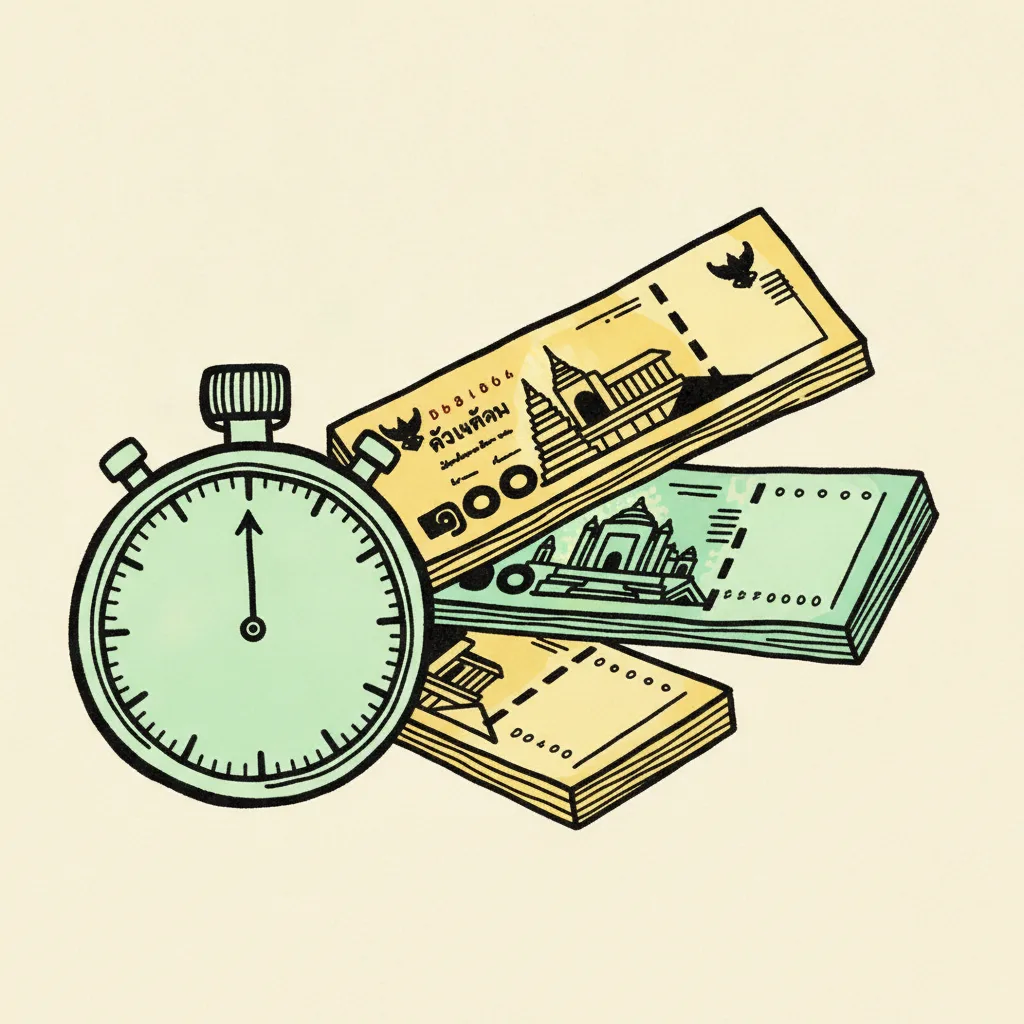 Brutalist drawing of a stopwatch next to a rising stack of Thai baht notes, representing hourly rate tiers.