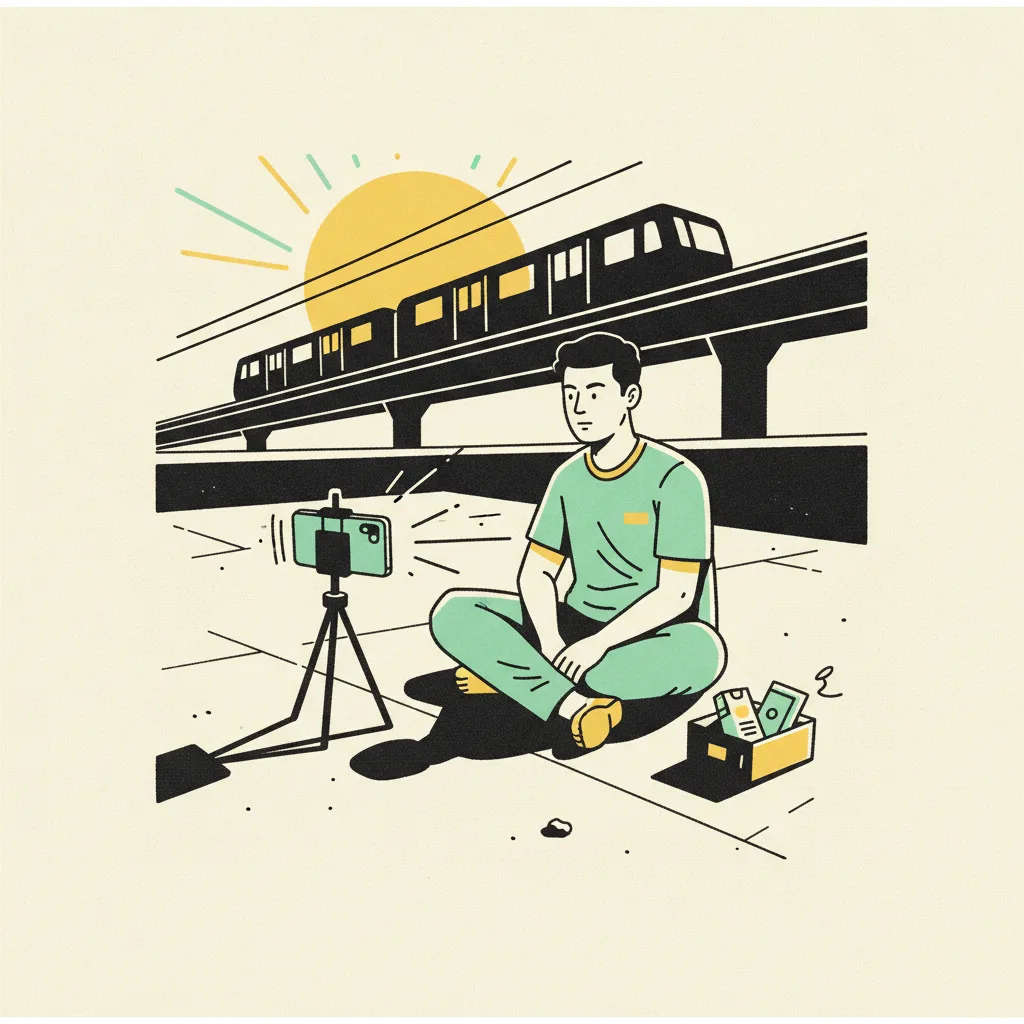 Brutalist drawing of a Thai creator live-streaming from a Bangkok rooftop at golden hour with the Skytrain in the background.