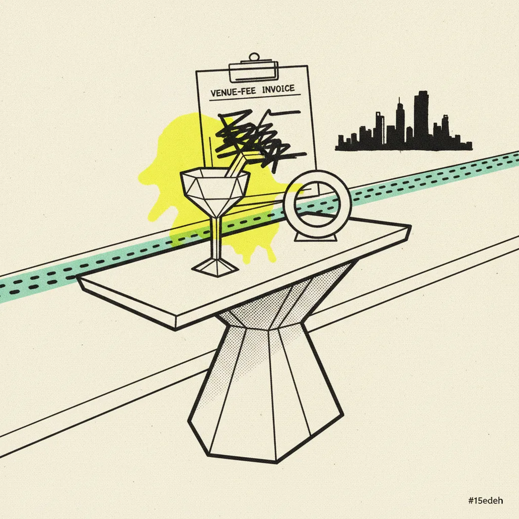 Paper rooftop bar table with cocktail glass, ring light, and a venue-fee invoice paperclipped to the table.