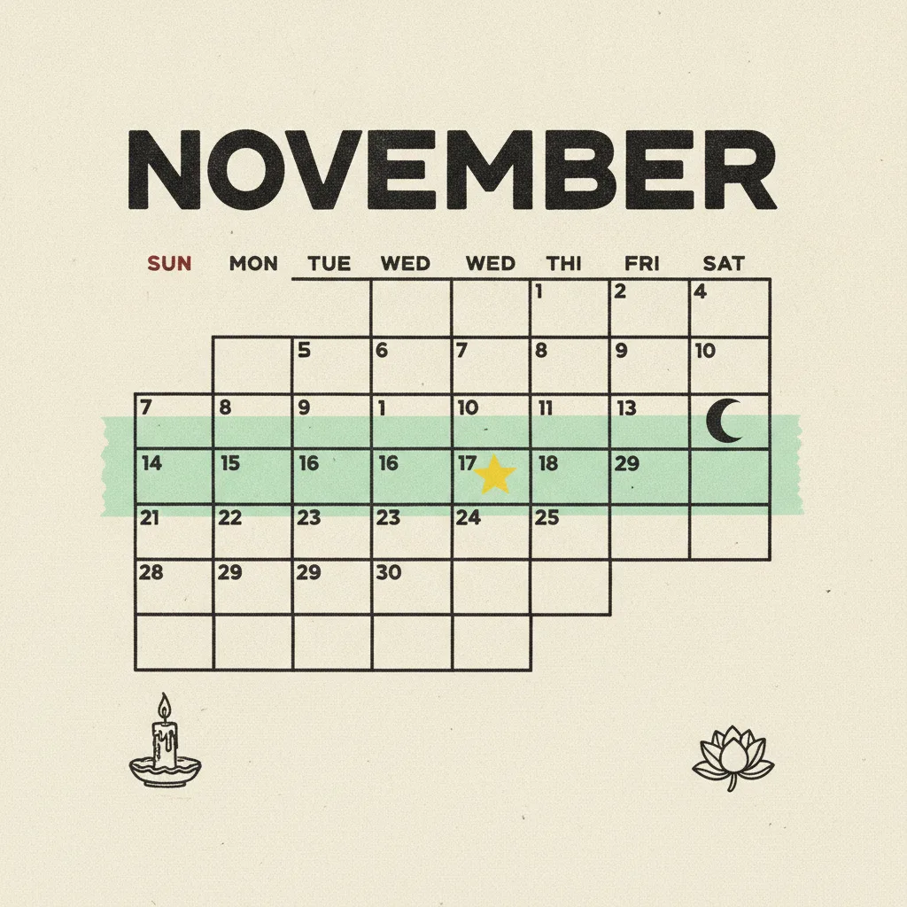 Wall calendar with November highlighted, mint tape across three weeks before the full moon.