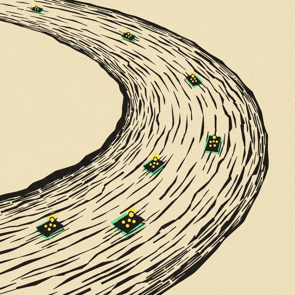 Aerial ink drawing of a river bend at night with dozens of small krathong rafts drifting.